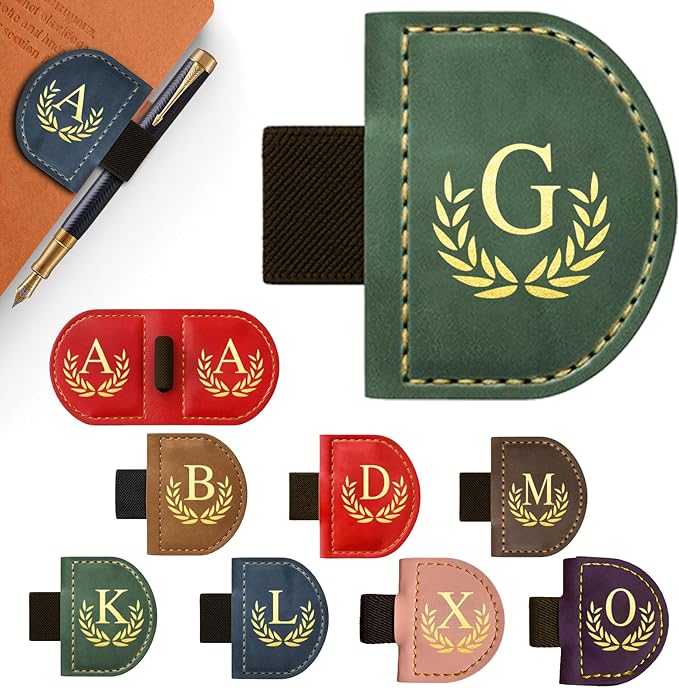 Personalized Leather Magnetic Bookmark with Pen Holder, Custom Bygone Mark Bookmark with Pen Holder, Custom Bookmarks with 26 Letters for Reading Women, Men, Teachers, Book Lovers（Green，G）