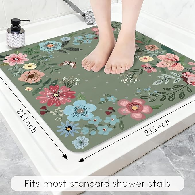 Bathtub Mat Non Slip, Bohemia Square Bath tub Mat Shower Floor Mat with Suction Cups for Adults Kids Elderly 21 X 21 Inch