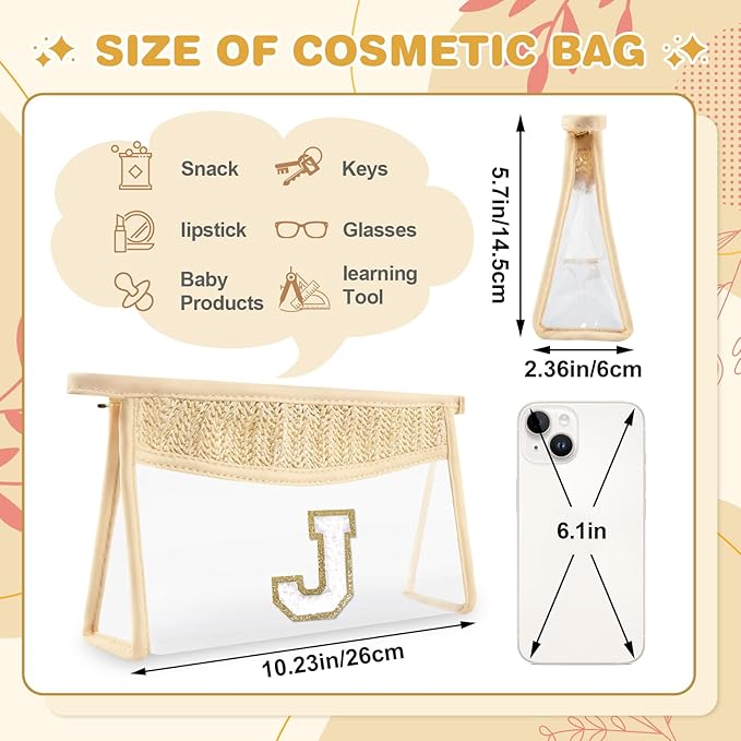 Personalized Initial Letter Bag Boho Straw Clear Makeup Bag,Small Cute Chenille Varsity Letter Pouch With Zipper,Beach Travel Toiletry,Portable Monogrammed Cosmetic Bag for Women Girls,J