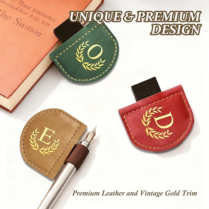 Personalized Leather Magnetic Bookmark with Pen Holder, Custom Bygone Mark Bookmark with Pen Holder, Custom Bookmarks with 26 Letters for Reading Women, Men, Teachers, Book Lovers（Pink，D）
