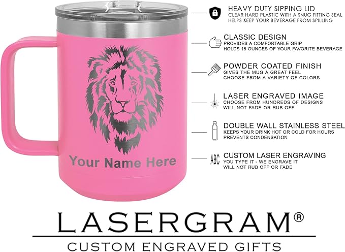 LaserGram 15oz Vacuum Insulated Coffee Mug, Bronco Rider, Personalized Engraving Included (Pink)