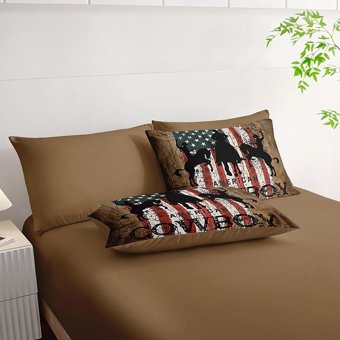 7Pcs Western Cowboy Comforter Set American Flag Printed Bedding Set with 1 Comforter, 1 Flat Sheet, 1 Fitted Sheet and 4 Pillowcases for Bedroom All Season(Cowboy Queen)