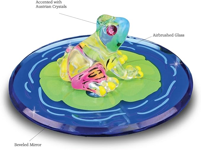 Glass Baron Frog on Lily Pad Glass Figurine, Hand Blown & Sculpted with Austrian Crystal Accents & Airbrushed Glass, Beveled Mirror Base, Collectible Ornament for Home Decor Table Centerpiece