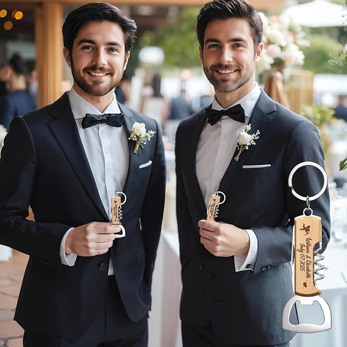 120PCS Personalized Wooden Multifunctional Bottle Opener, Customized Favors Gifts for Wedding Birthday Party, Engraved Bottle Opener Keychains for Guest