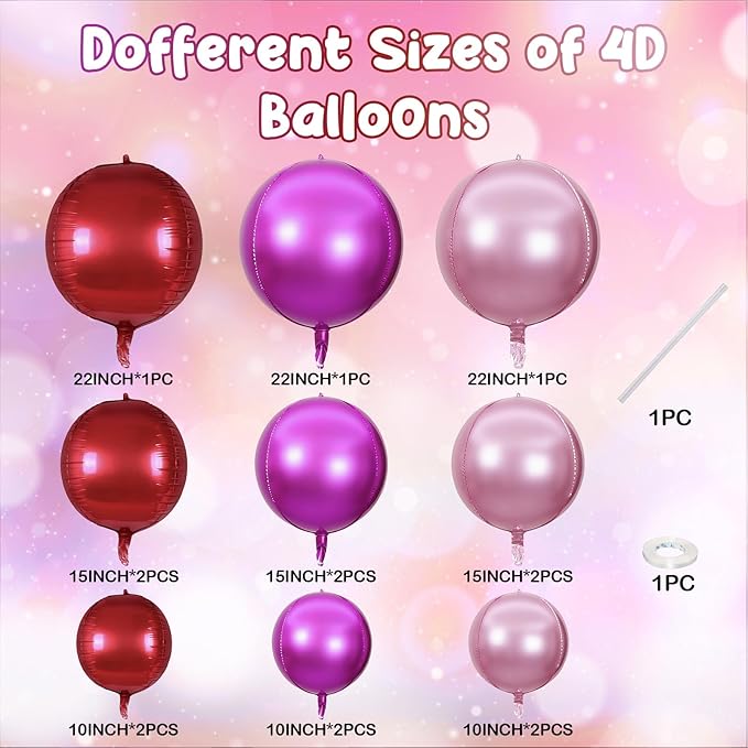 15PCS Red Pink Round Foil Balloons, 22" 15" 10" Large 4D Ball Balloons Red Hot Pearl Pink Metallic Mirror Balloon for Valentines Day Wedding Women Girls Birthday Party Supplies