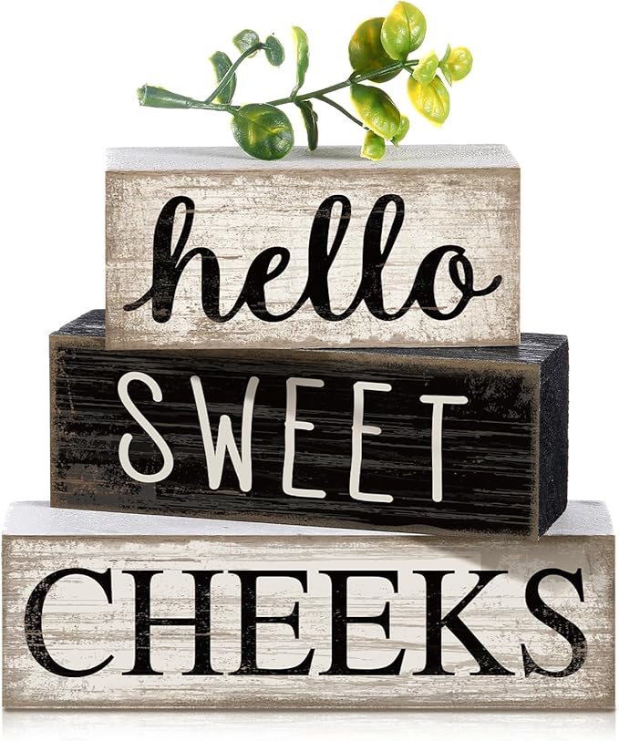 4 Pcs Bathroom Shelf Decor Hello Sweet Cheeks Sign Farmhouse Bathroom Decor and Accessories Rustic Eucalyptus Leaves Wood Block Sign Gift Sweet Home Table Centerpiece for Home Office
