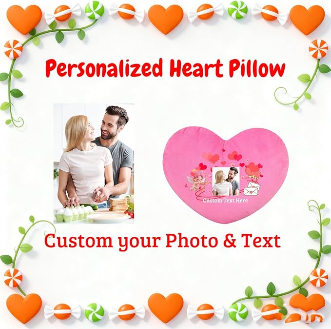 Custom Heart Pillow with Insert, Personalized Heart Shaped Pillow with Photo Text as Valentine Pillows for Girlfriend Boyfriend Home Decor Personalized Gifts for Valentines Day Anniversary