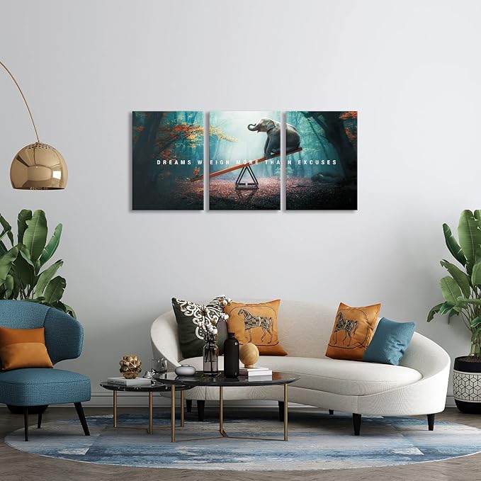 BWSPACE Inspirational Wall Decor, Motivational Canvas Wall Art, grind hustle wall art 3 Pieces Wall Art Decorations for Office Living Room and Bedroom Decor (Elephant, 48" W x 24" H)