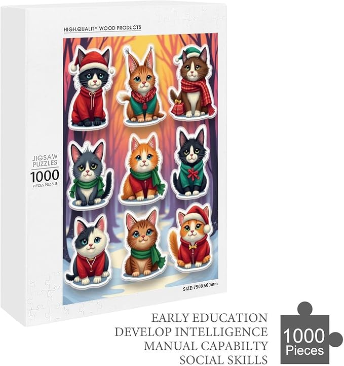 Wooden Puzzle 1000 Pieces Adult - Christmas Cat Puzzle Christmas Puzzles, Holiday Puzzles, Family Toys, Party Games, Jigsaw Puzzle Challenge and Funny