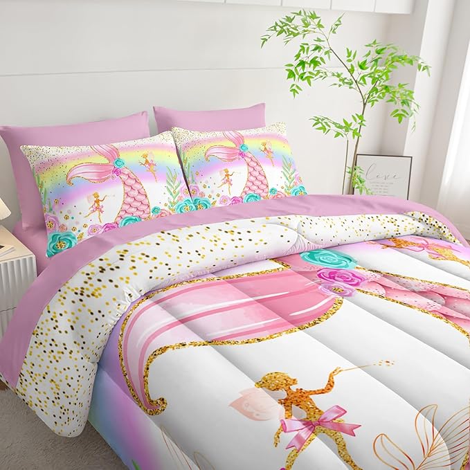 Mermaid Comforter Set Queen - 7 Piece Girls Bedding, Pink Teal Floral Bed Set, Soft Microfiber Comforter, Sheets, Pillowcases
