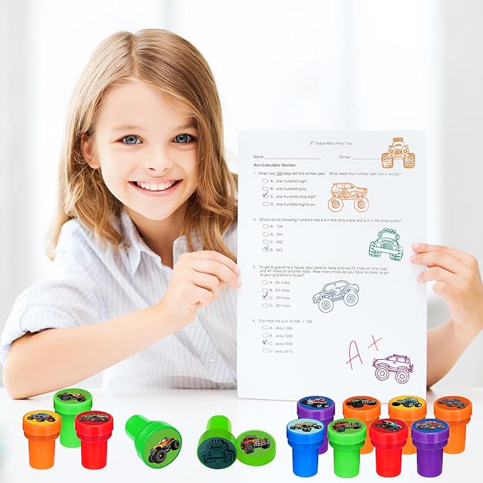 Cinrobiye 24 PCS Monster Truck Party Stampers，Truck & Car Birthday Favors, Hot Wheels Party Supplies, Classroom Rewards, Carnival Prizes, Goodie Bag & Pinata Fillers for Boys Girls