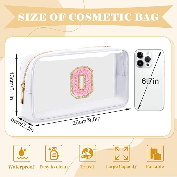 Personalized Initial Letter Clear Makeup Bag,Preppy Small Nylon&PVC Cosmetic Zipper Bag with Chenille Letter,Travel Skincare Toiletry Bag,Monogram Christmas Gift for Teen Girls Women,O