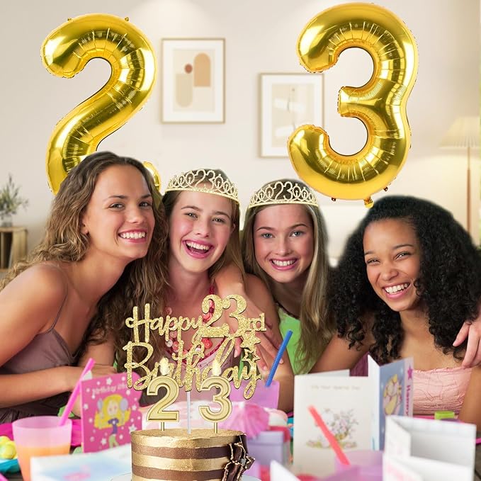 23rd Birthday Decorations for Women Gold Set with 23rd Birthday Tiara and Sash, Cake Topper and Number Candles , Balloons, 23 Year Old Gifts for Women