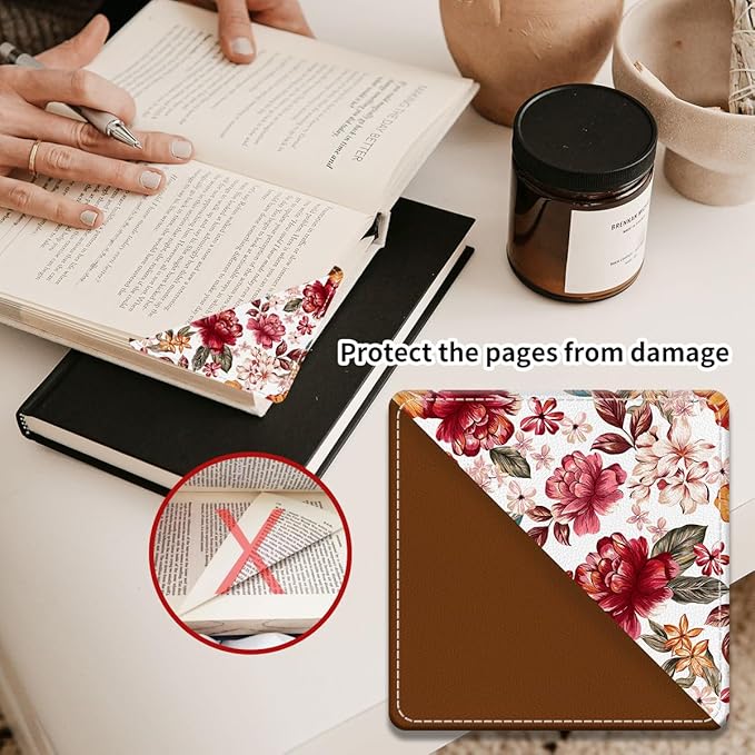 Cute Leather Bookmarks, Fun Triangle Making Corner Bookmark, Book Accessories for Reading Book Lovers, Unbreakable Page Markers for Women Men Colorful Cute Flower