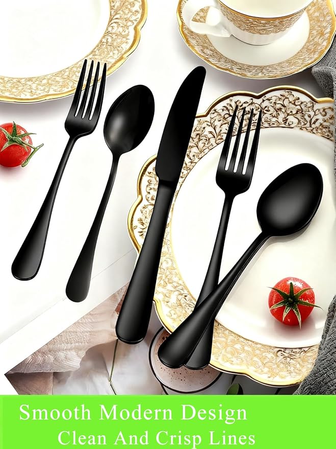 Black Spoons and Forks Set, Set of 16 Top Food Grade Stainless Steel Forks and Spoons Silverware Set, Kitchen Accessories Cutlery Set, Mirror Finish