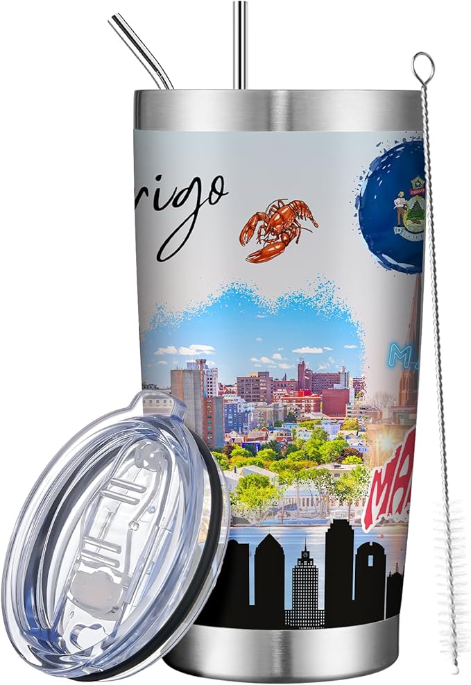 20oz Insulated Tumbler Maine State Coffee Mug, United States Map Travel Mug Landmark, Birthday Gifts Cute Custom Tumbler Cups with Lid and Straw Mothers Day Gifts