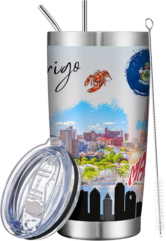 20oz Insulated Tumbler Maine State Coffee Mug, United States Map Travel Mug Landmark, Birthday Gifts Cute Custom Tumbler Cups with Lid and Straw Mothers Day Gifts