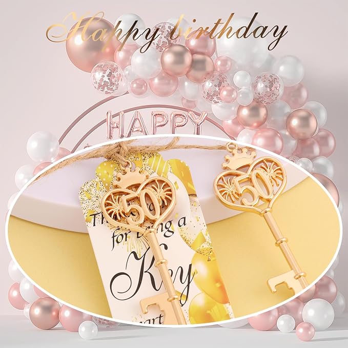 24 Sets 50 Birthday Party Favors Key Bottle Opener, 50th Beer Opener Keychain Favors for Guest with Organza Bags and Tags,Beer Keychain Bottle Openers for Birthday Party Decoration Supplies (Gold-50)