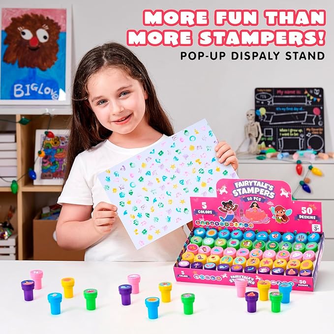 JOYIN 50 Pcs FairyTale's Themed Stamps for Kids - Self-Ink Stamps with 50 Designs for Birthday Party Favor, Carnival Prizes, Goodie Bag, Halloween, Christmas (Mermaid, Princess, Unicorn Stampers)