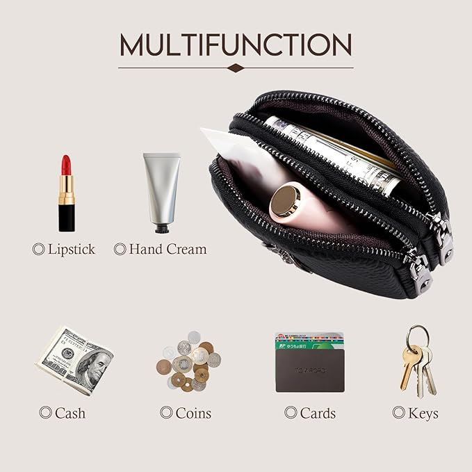 imeetu Women Leather Coin Purse, Small 2 Zippered Change Pouch Wallet
