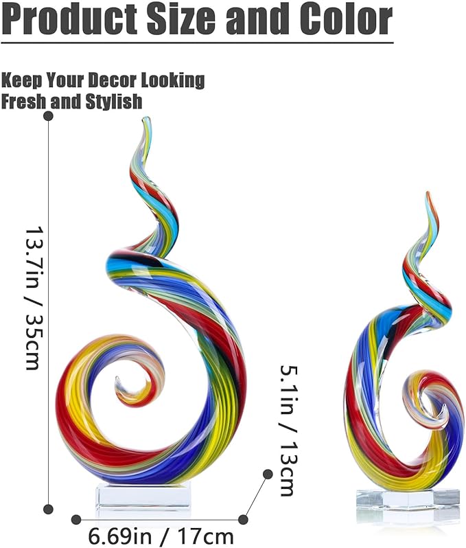 XMGZQ 13.7" Colour Hand-Blown Art Glass Sculpture,Abstract Rainbow Swirl Style Sea Glass Statue and Figurine,Coastal Ocean Nautical Home Decor,Shelf,TV Stand,Tabletop Centerpieces,Wonderful Gift