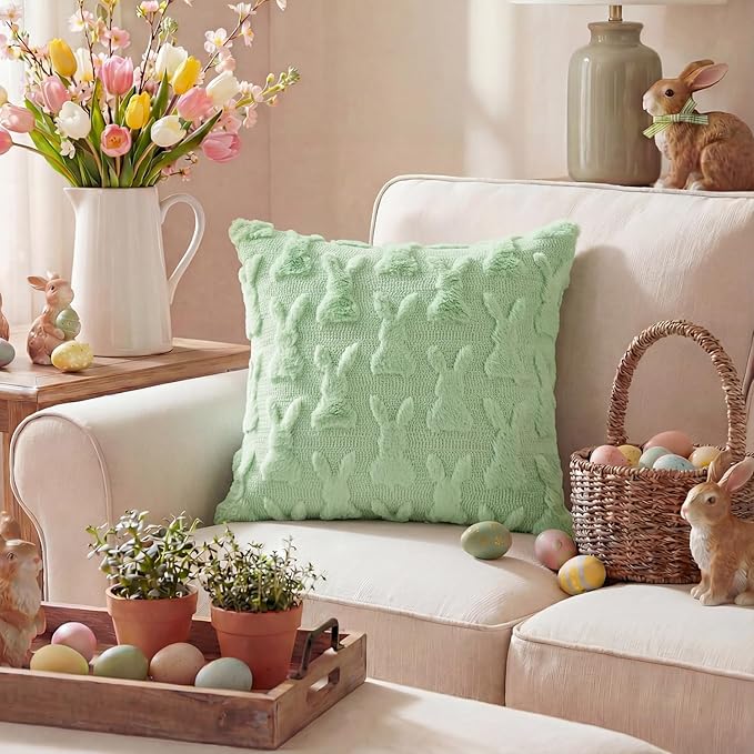 AVOIN colorlife Easter Rabbits Green Throw Pillow Covers, 18 x 18 Inch Bunny Soft Plush Faux Fur Jacquard Cushion Case Decoration for Sofa Couch Set of 2