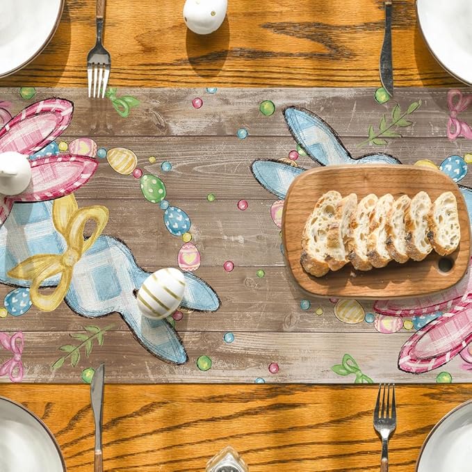 Artoid Mode Wood Floral Bow Bunny Rabbits Eggs Easter Table Runner, Seasonal Spring Kitchen Dining Table Decoration for Home Party Decor 13x72 Inch