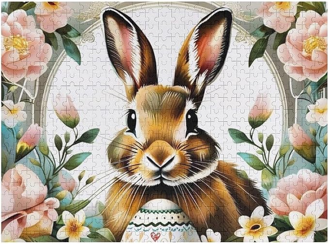 Wooden Puzzle - Easter Bunny with Flower Easter Egg Jigsaw Puzzles，Wooden Puzzles for Adults 500 Pieces Challenge Puzzles，Educational Games，Family Puzzles，Unique Gifts for Wall Art