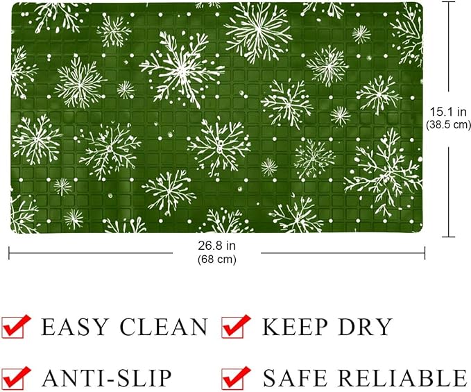 Bathtub Mats for Shower Tub, Christmas White Snowflakes Green Pattern Anti-Slip Bath Mats for Inside Tub, Bathroom Shower Mats with Drain Holes and Suction Cups
