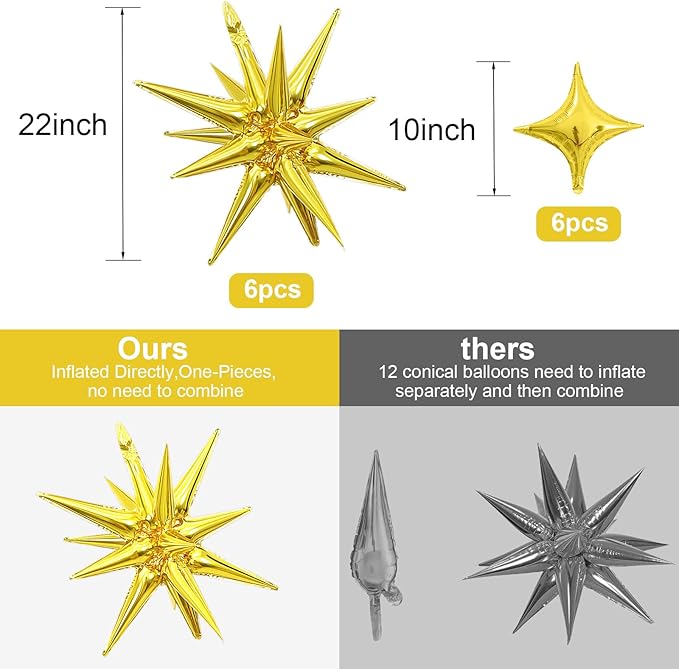 12PCS Gold Star Balloons, Gold Explosion Star Balloons Aluminum Foil Balloon Spike Balloon for Birthday Bachelorette New Year Graduation Party Decorations