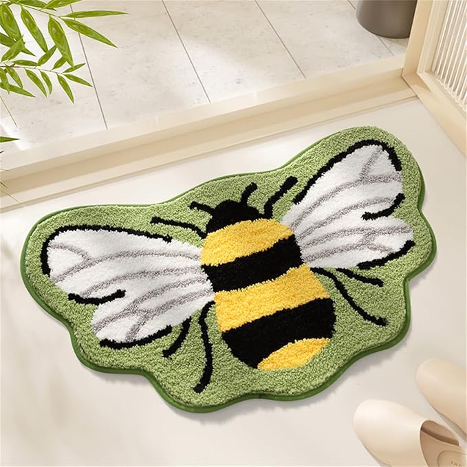 Ankah Shower Rug Bath Mat Forest Series Cartoon Design Bathroom Rug, Fluffy, Soft, Non-Slip, Durable, Absorbent Bath Rug, Irregular Plant Shaped Door Mat and Carpet, 19.7" x 31.5", Bee