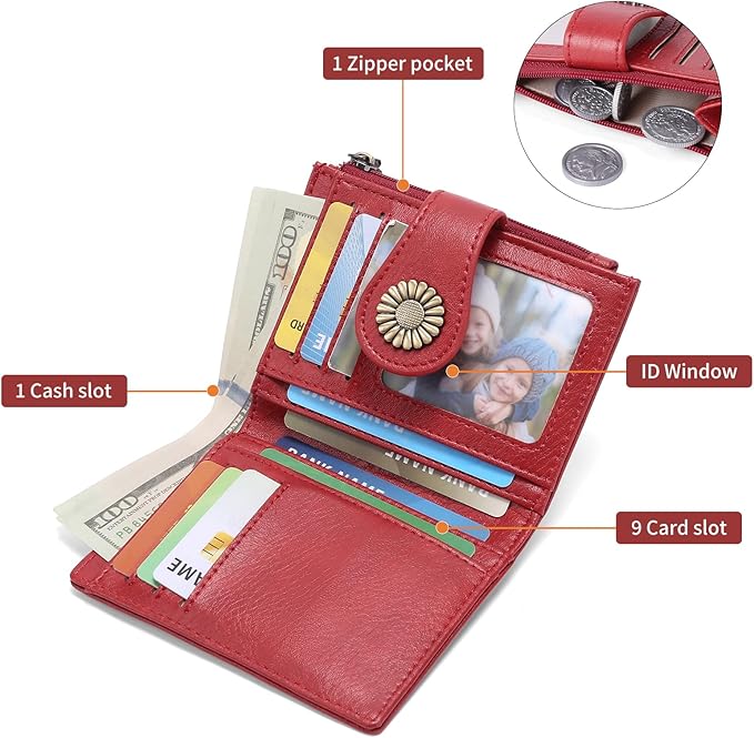 SENDEFN Small Wallets for Women Bifold RFID Blocking Leather Card Holder Compact Wallet with Zipper Coin Pocket