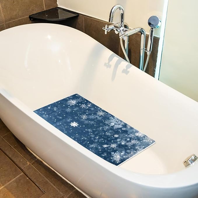 Christmas White Snowflakes on Blue Background Bath Tub and Shower Mats, Non Slip Bathmat with Drain Holes and Suction Cups for Bathroom Floor, 15.1 x 26.8 Inch
