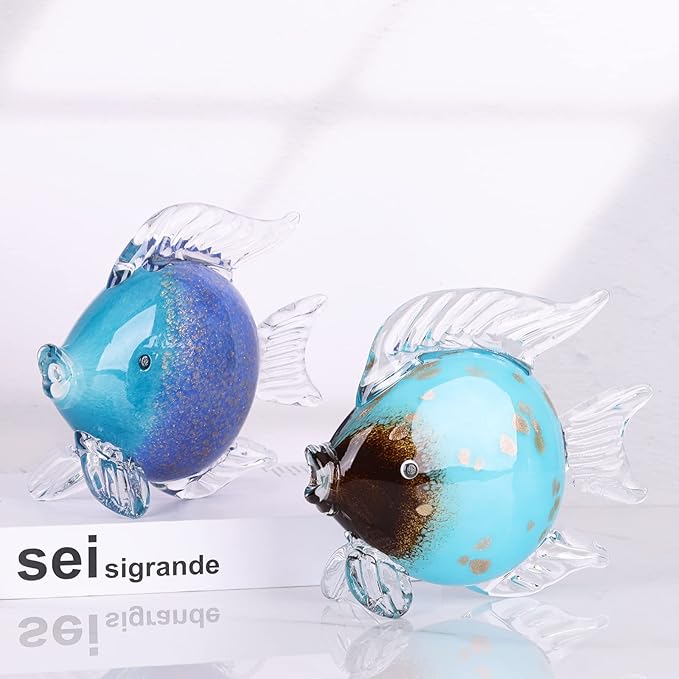 Large Glass Fish Figurines Hand Blown Glass Fish Statue and Sculpture Home Decor, Murano Animal Tropical Sea Glass Paperweights for Desk, Glass Aquarium Coastal Beach Decorative (Dark Blue)