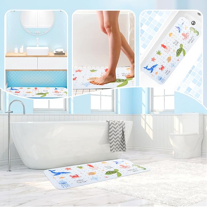 Baby Bath Mat for Tub Non Slip Kids Bathtub Mat Extra Long 40X16 Inch Toddler Bath Tub Shower Mat Anti Slip with Suction Cups & Drain Holes, Machine Washable (Under The sea)