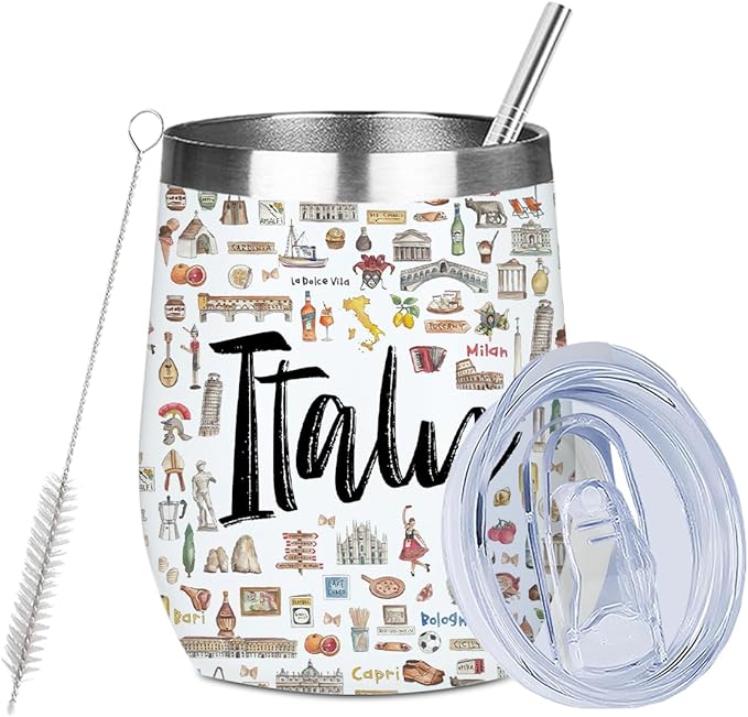 Italy Gifts Italian Travel Souvenir Wine Tumbler 12 oz Insulated Wine Glass Cup with Lid Straw Vacuum Insulated Cup,Travel Lover Gifts for Women Friend Men Christmas Halloween Birthday