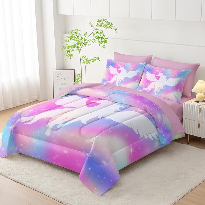 Galaxy Unicorn Bedding Set Queen - Unicorn Comforter Set (7 Piece) - Pegasus Galaxy Kids Bedding, Pink Purple Blue Girls Quilt Set, All Season Microfiber Bed Set with Shams, Flat/Fitted Sheet