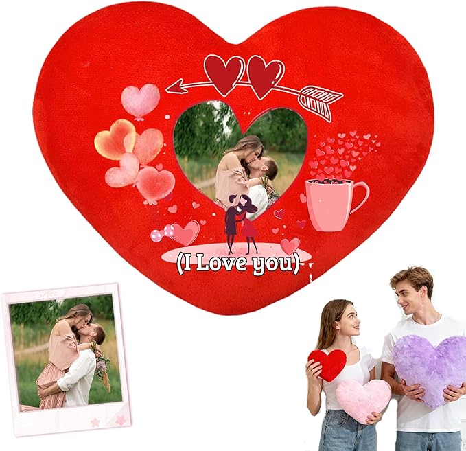 Custom Heart Pillow with Photo Text, Personalized Heart Shaped Pillow with Insert as Valentine Pillows Home Decor Personalized Gifts for Husband Wife Kids Family on Valentines Day Anniversary