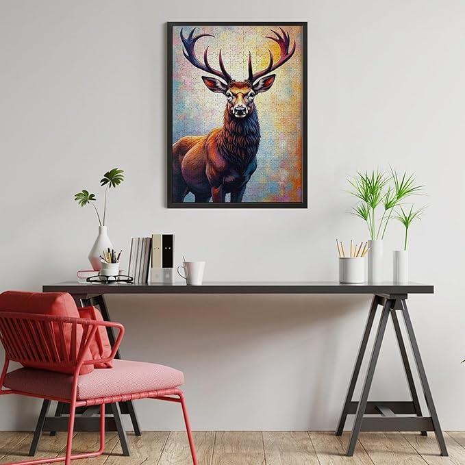 Wooden Puzzles 500 Piece，Color Abstract Deer Painting Themed Jigsaw Puzzles，Family Puzzles，Unique Gifts for Wall Art，Funny Puzzles，Stress Relief Games，Puzzle Games