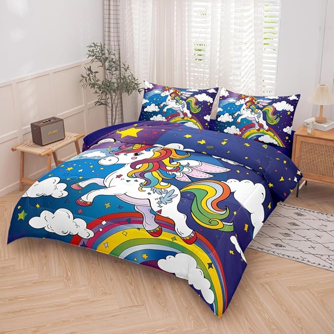 Unicorn Comforter Set - 5PCS Bedding Set for Girls, Rainbow Unicorn Theme, Bed in a Bag with Flat & Fitted Sheet, Pillowcase
