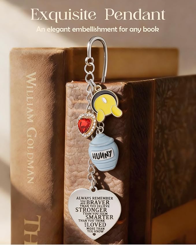 Buleens Bookmarks for Women Reading - Book Marks for Readers Book Lovers, Feather Motivational Quote Bear Personalized Metal Bookmark with Pendants, Pretty and Aesthetic Book Accessories Reading Gifts