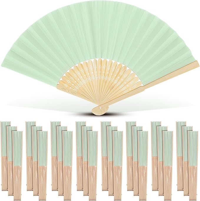 Yinkin 24 Pack Folding Fans Bamboo Handheld Folded Craft Hand Japanese Chinese Fans for Weddings Bridal Dancing Church DIY Decoration Women Gift Party Favors (Light Green)