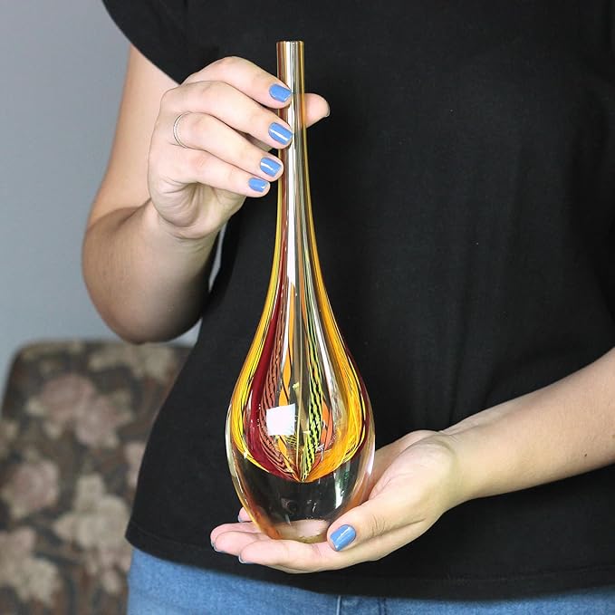 Ca D Oro Small Drop Glass Vase Boho with Red/Yellow Canes Hand Blown Murano-Style Art Glass - Model Tall