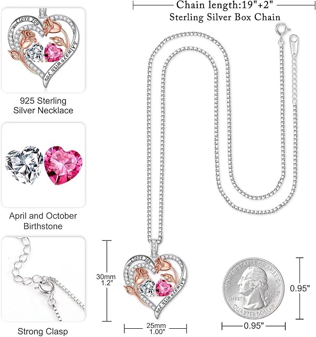 Iefil Valentines Day Gifts for Her - 925 Sterling Silver Rose Heart Birthstone Necklace Birthday Anniversary Jewelry Gifts for Her Wife Mom Daughter