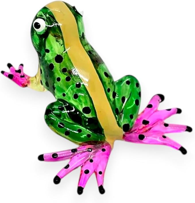 WitnyStore 2⅛" Green Yellow Black Dot Frog Artistic Blown Glass Figurine Premium Hand-Blown Statue Tabletop Decoration Unique Collectible for Adult Collectors Handcrafted Elegant Home Room Decor
