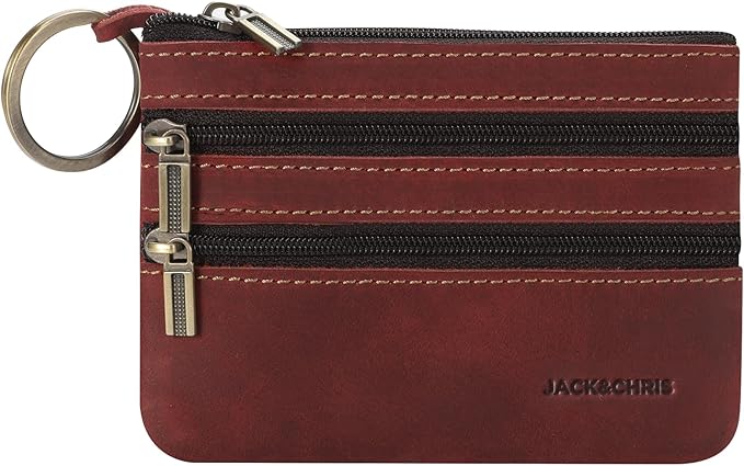 Jack&Chris Coin Purse Pouch for Men, Genuine Leather Coin Purse Zipper Pocket with Keychain Ring, Coin Bag for Men,JC301-Red