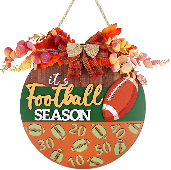 CHDITB Fall Football Sign for Front Door Porch, Rugby Football Season Round Wooden Sign, Fall Football Wreath Wooden Hanging Plaque, Farmhouse Maple Leaves Decor for Holiday Party Decoration