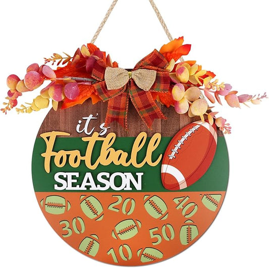 CHDITB Fall Football Sign for Front Door Porch, Rugby Football Season Round Wooden Sign, Fall Football Wreath Wooden Hanging Plaque, Farmhouse Maple Leaves Decor for Holiday Party Decoration