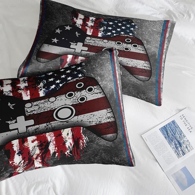 Comforter Set King Size, Gamepad 4Th July Funny 7 Pcs Bedding for Kids and Adults, American Flag Bed Sheet Sets with Fitted Sheet 2 Pillowcases & 2 Shams for Bedroom Bed Decor