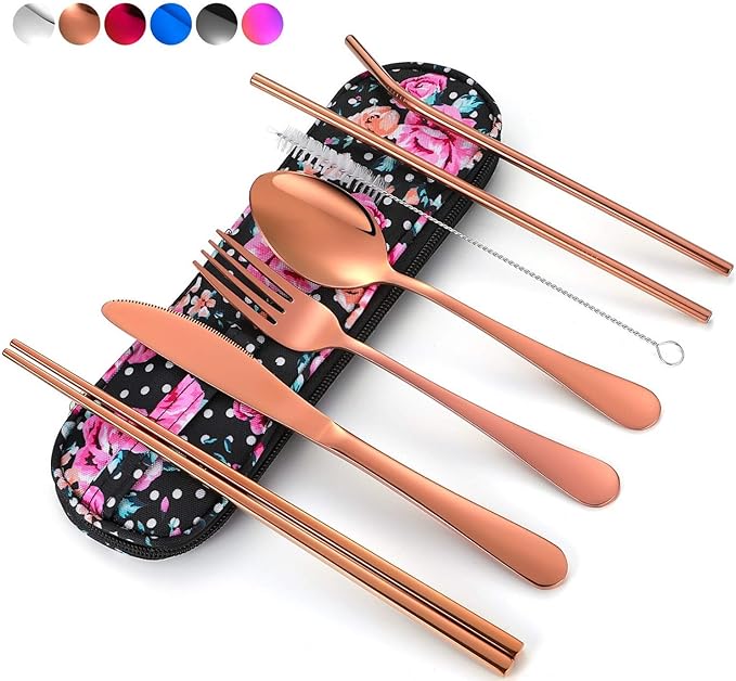 Travel Utensils,Reusable Silverware Set To Go Portable Cutlery Set with a Waterproof Carrying Case for Lunch Boxes Workplace Camping Picnic (Rosegold)